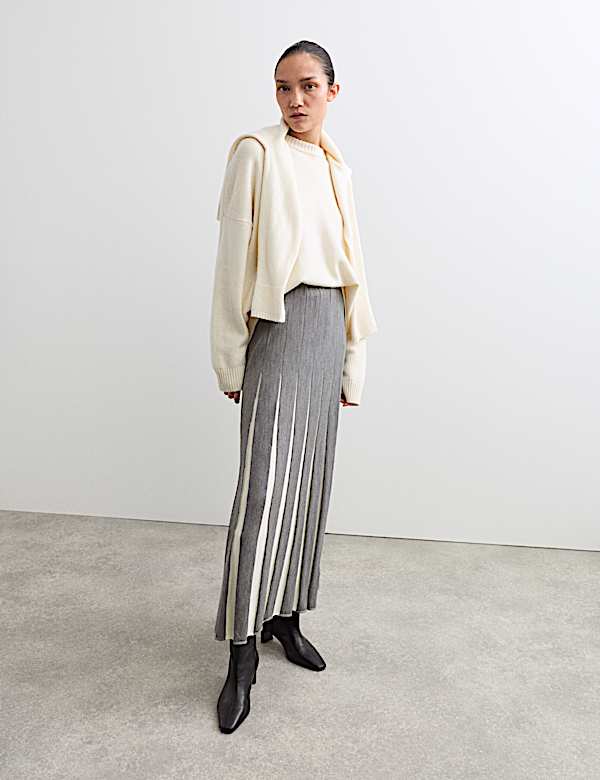 Knitted Seam Detail Midi A-Line Skirt - AU