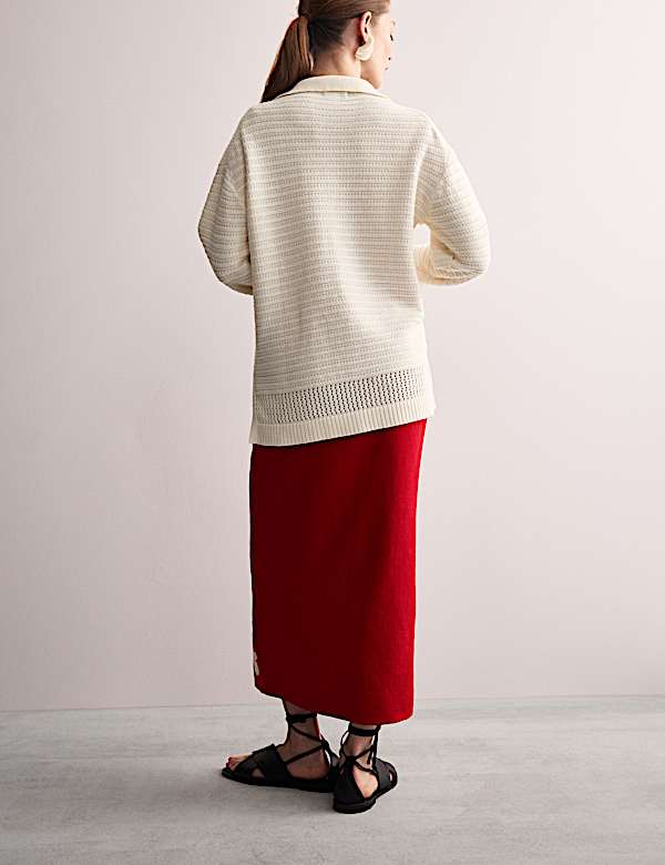 Zuiver linnen rechte midi-rok met A-lijn en borduurwerk - BE