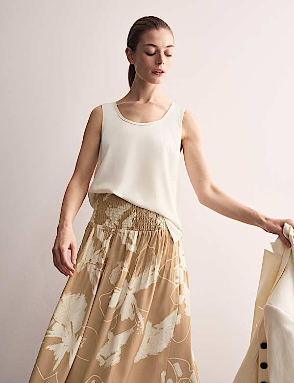 Midi-rok van zuiver zijde met A-lijn en bloemmotief - NL