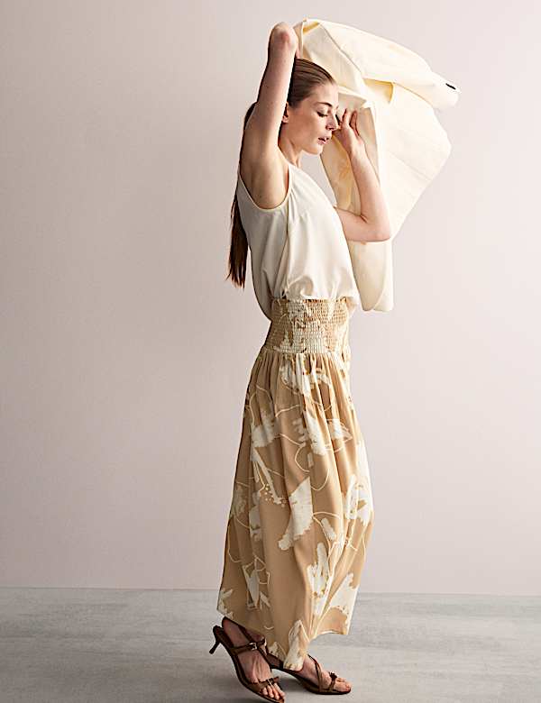 Midi-rok van zuiver zijde met A-lijn en bloemmotief - NL