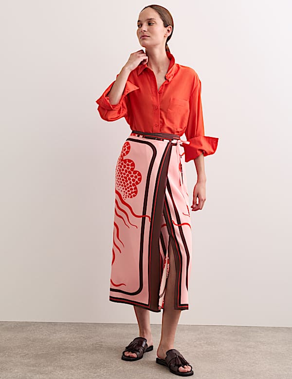Pure Silk Linear Wave Print Midi Wrap Skirt | PINK MIX | Skirts