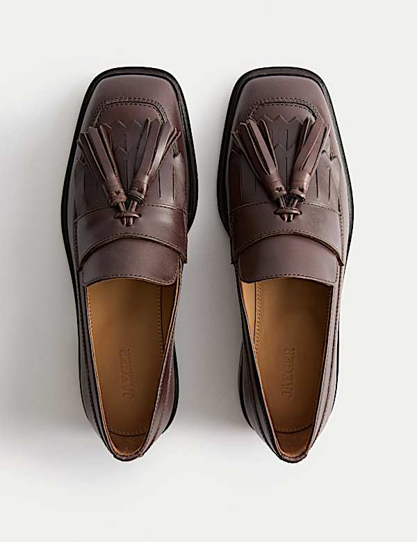 Mocasines de piel con tacón en bloque, flecos y borlas - ES