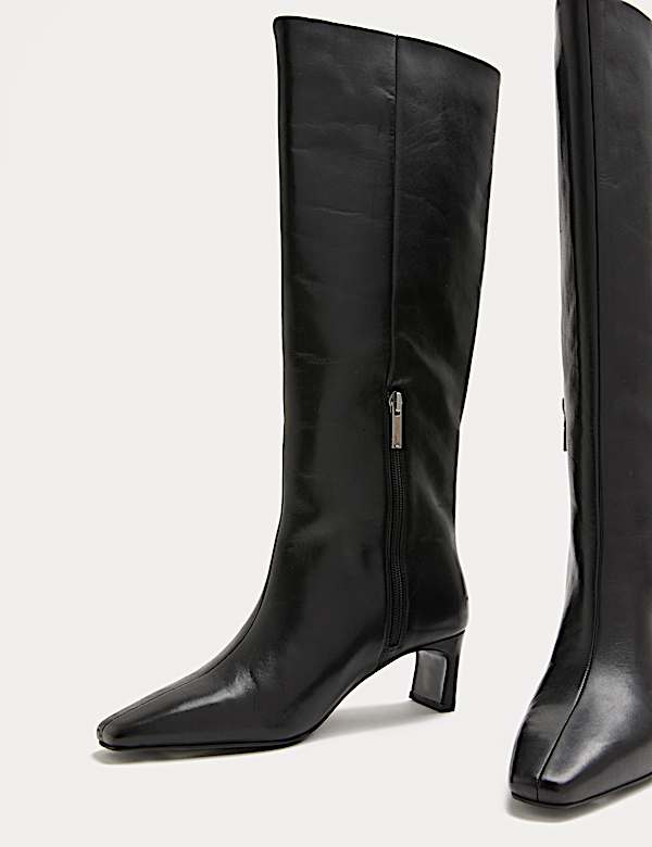 Leather Block Kitten Heel Knee High Boots - BE