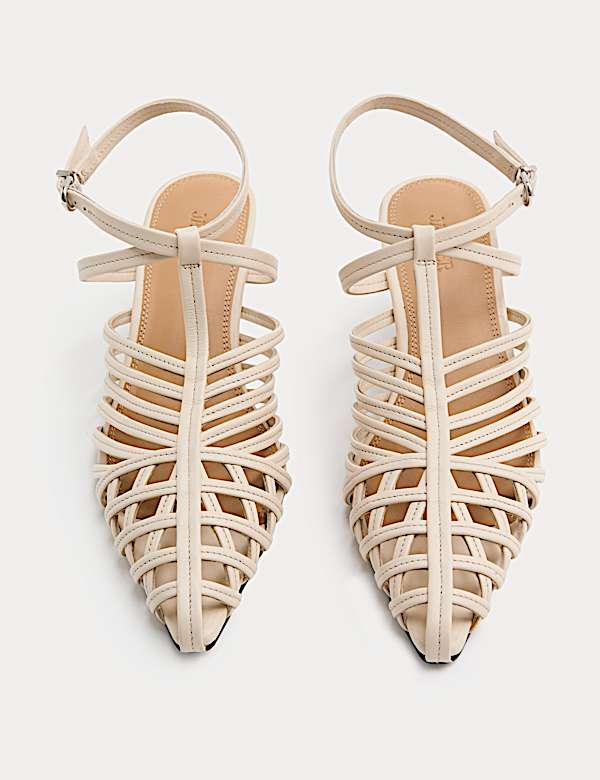 Leather Caged Strappy Kitten Heel Sandals - CA