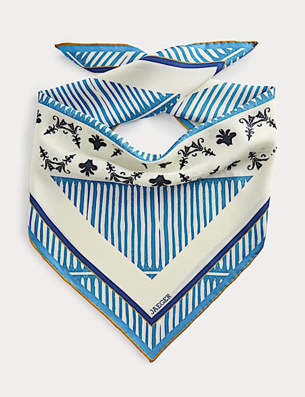 Zuiver zijden, langgerekte sjaal met bloemmotief | BLUE | Sjaals