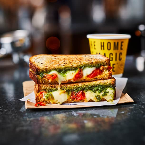 M&S Made Without tomato, mozzarella and pesto toastie with Magic Coffee cup in background