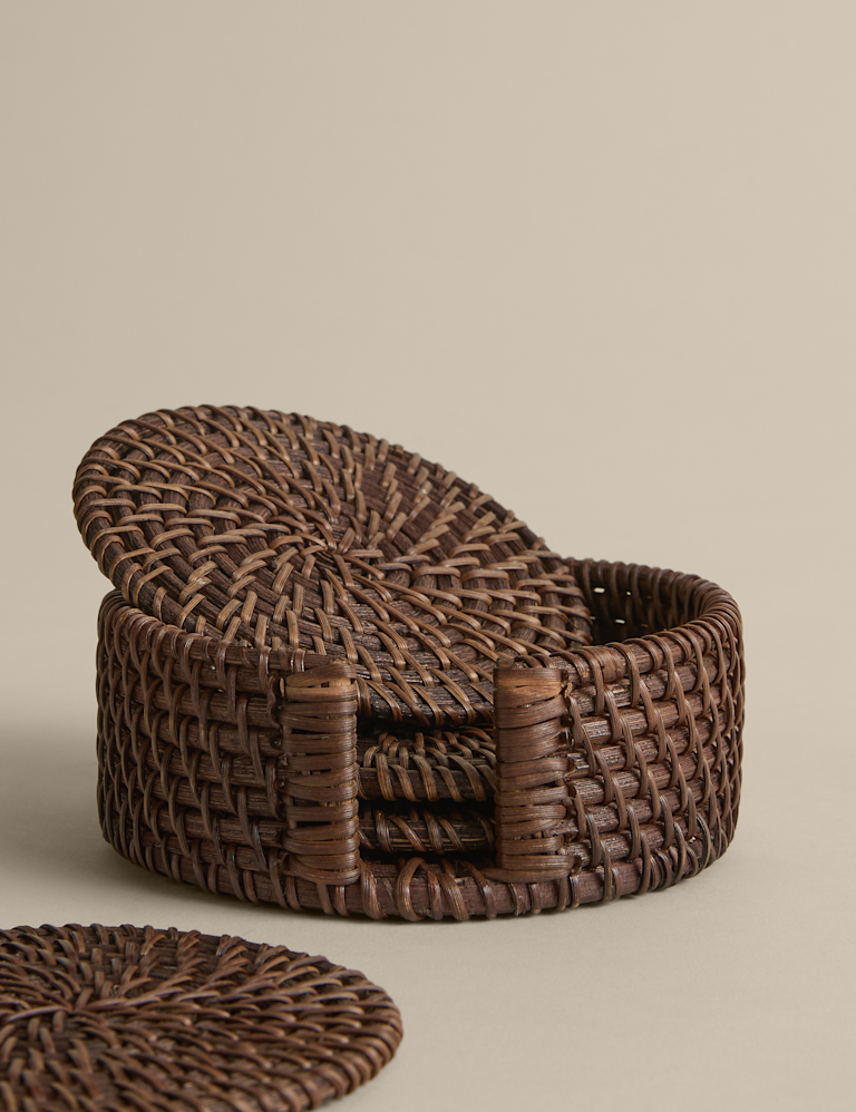 Set of 4 Rattan Oval Coasters with Holder