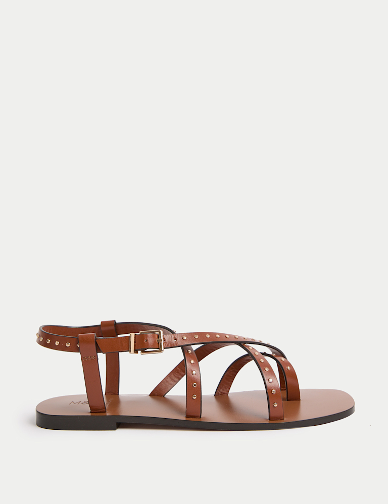 Leather Studded Ankle Strap Flat Sandals
