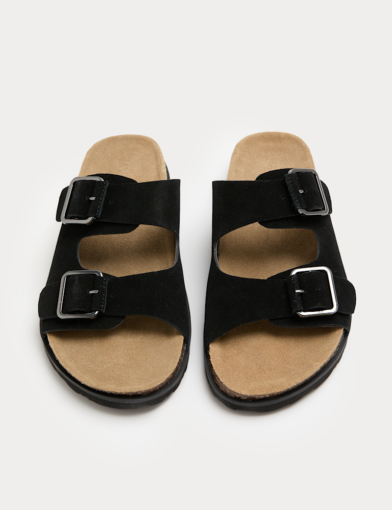 Suede Double Buckle Footbed Mules