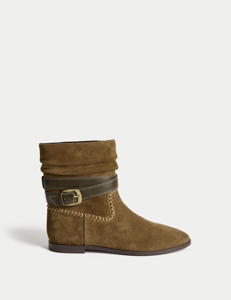 Suede Ruched Flat Ankle Boots