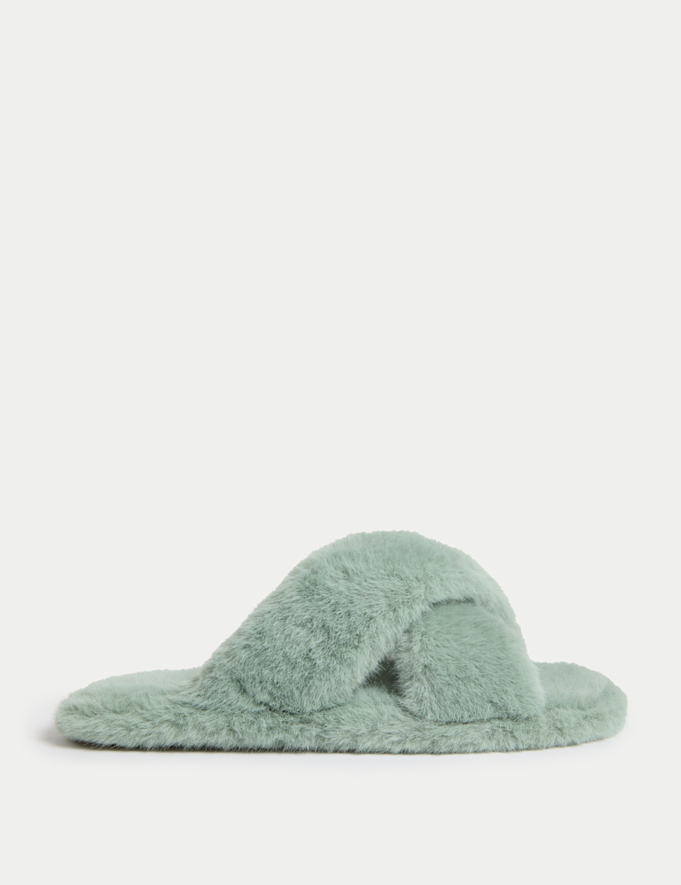 Faux Fur Crossover Open Toe Slippers