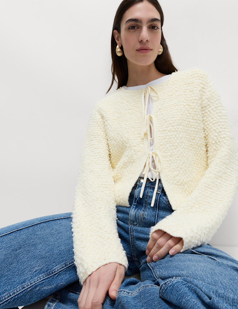 Textured Tie Front Cardigan with Wool Textured Tie Front Cardigan with Wool
