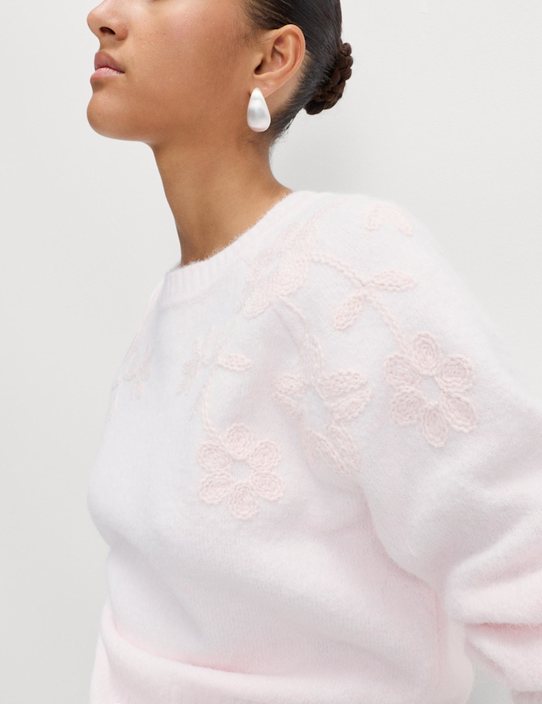 Embroidered Crew Neck Jumper With Wool