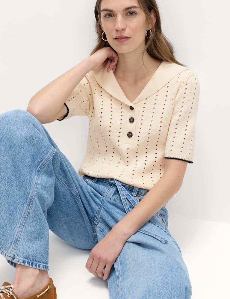 Cotton Rich Pointelle Collared Knitted Top Cotton Rich Pointelle Collared Knitted Top