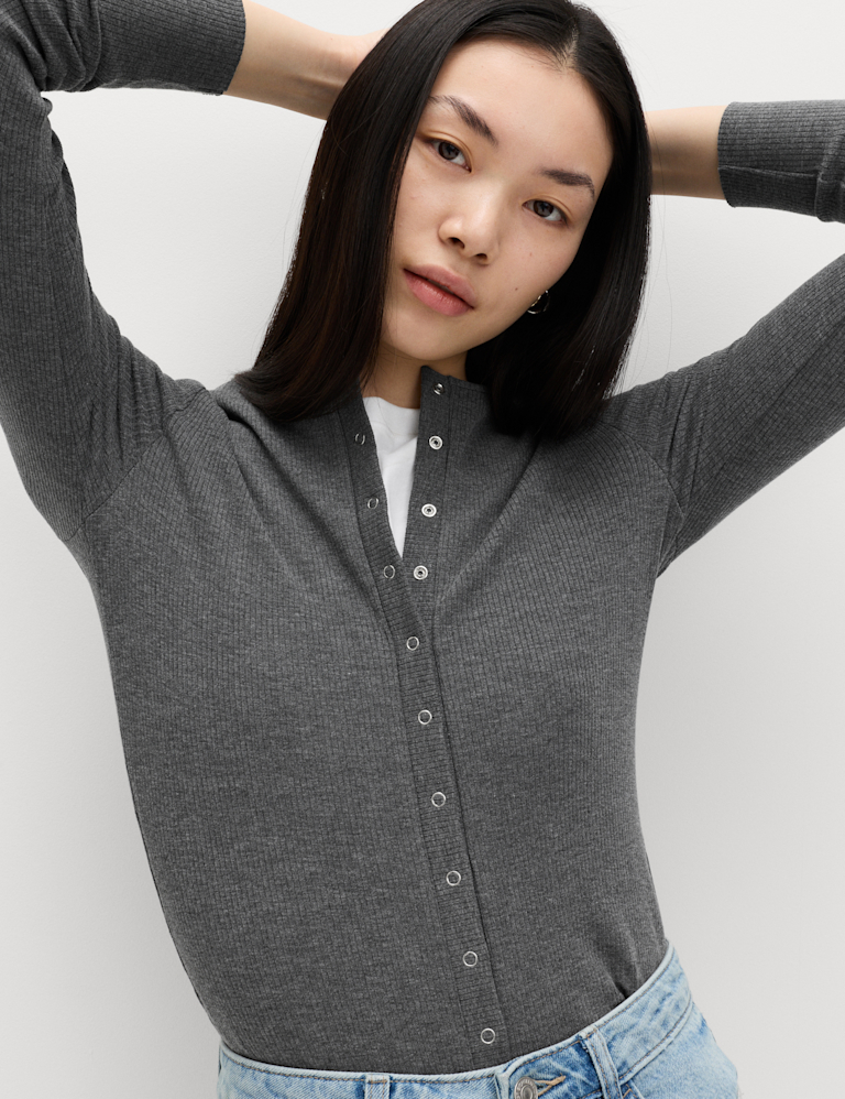 Cotton Rich Long Sleeve Popper Henley Top
