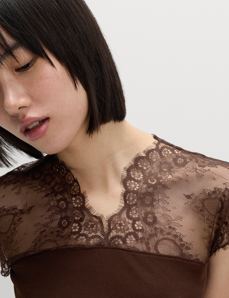 Pure Cotton Lace Insert V-Neck Top