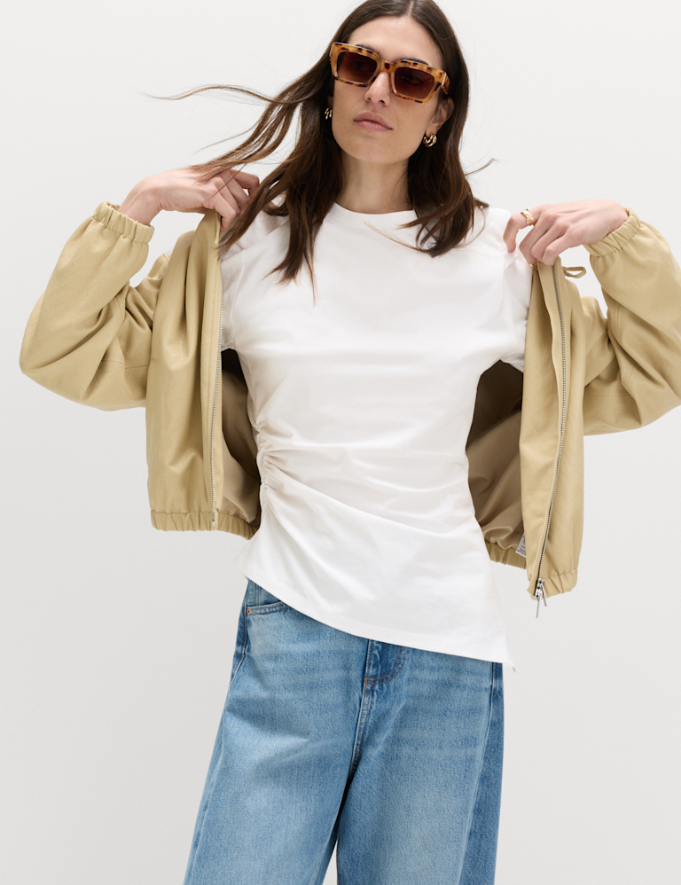 Pure Cotton Shoulder Pad Asymmetric Hem T-Shirt