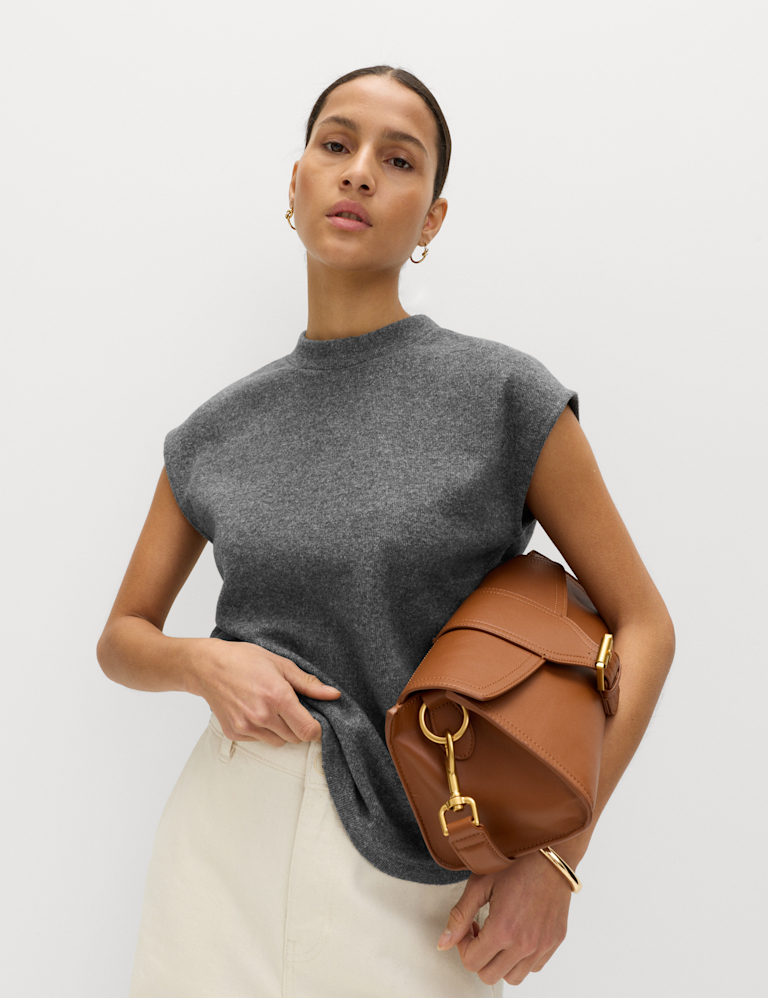 Cotton Blend Knit Look Mock Neck Top