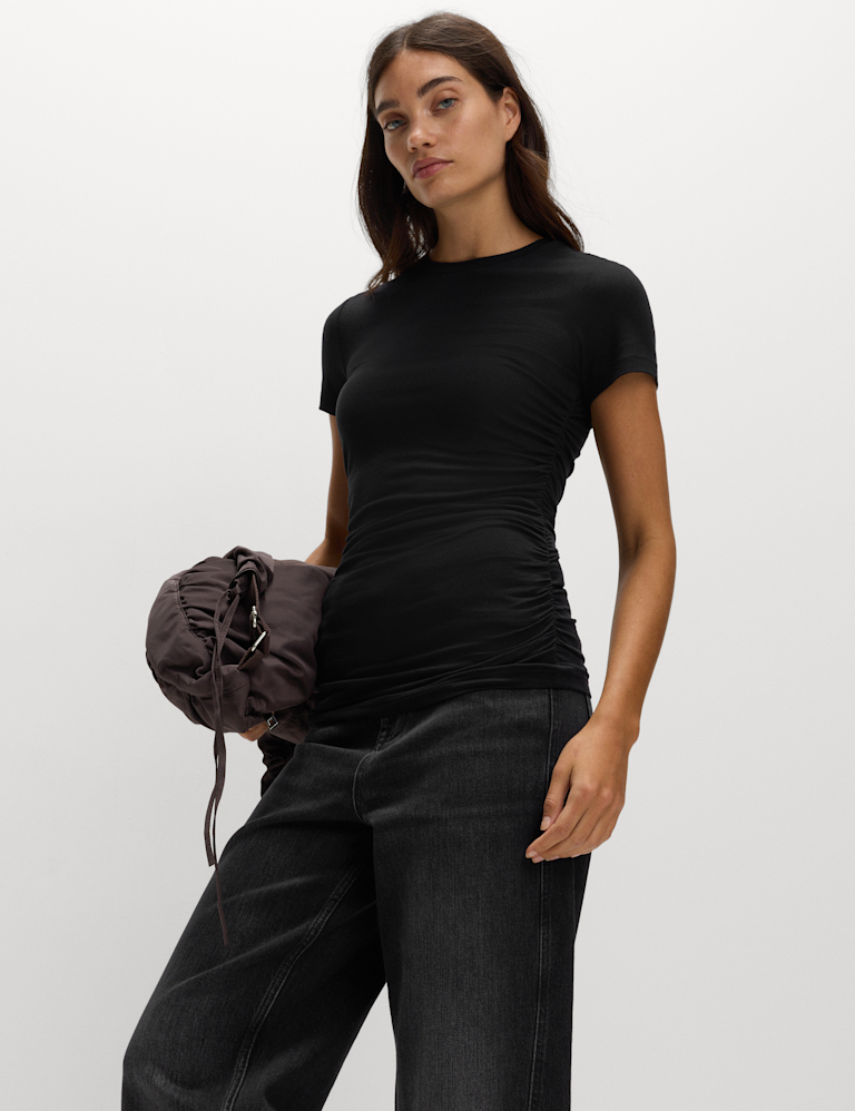 Ruched Short Sleeve Longline Top