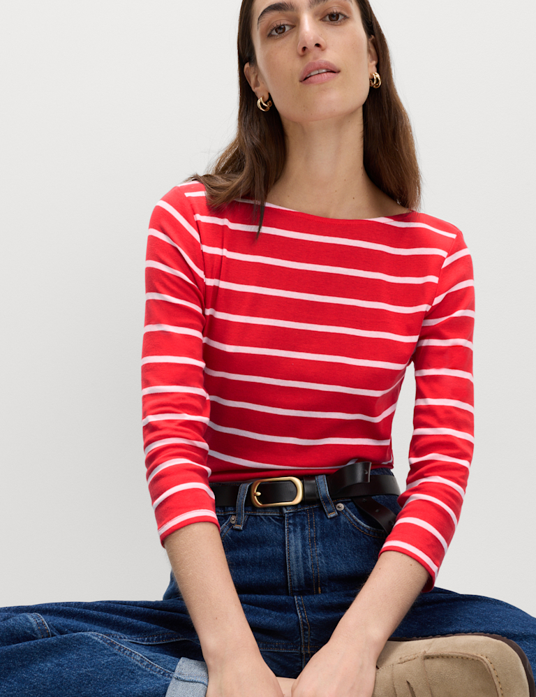Pure Cotton Striped Slash Neck Slim Fit Top
