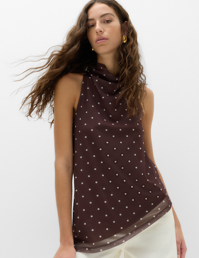 Mesh Polka Dot Cowl Neck Asymmetric Drape Vest