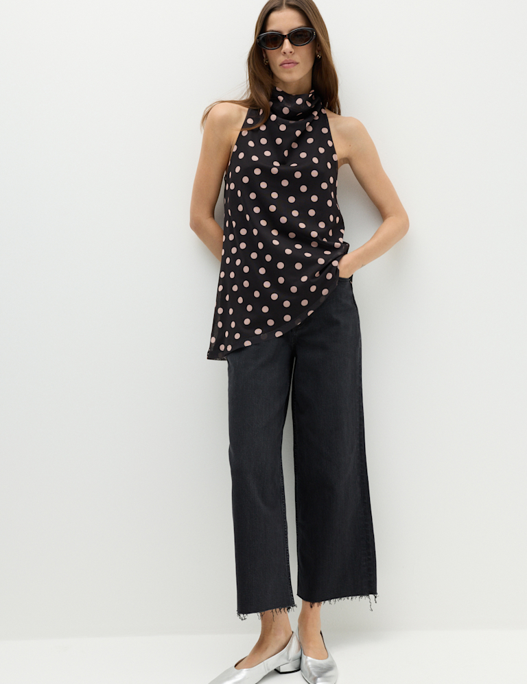 Mesh Polka Dot Cowl Neck Asymmetric Drape Vest