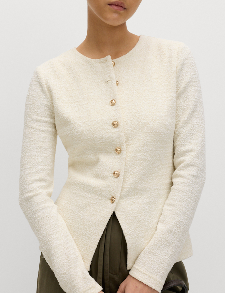 Textured Button Detail Peplum Top with Cotton