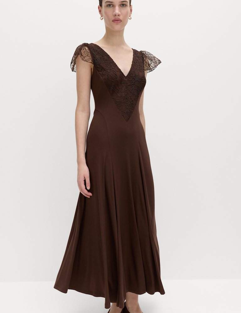 Jersey V-Neck Lace Panel Midaxi Column Dress Jersey V-Neck Lace Panel Midaxi Column Dress