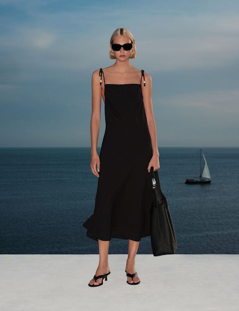 Beaded Square Neck Strappy Midi Column Dress