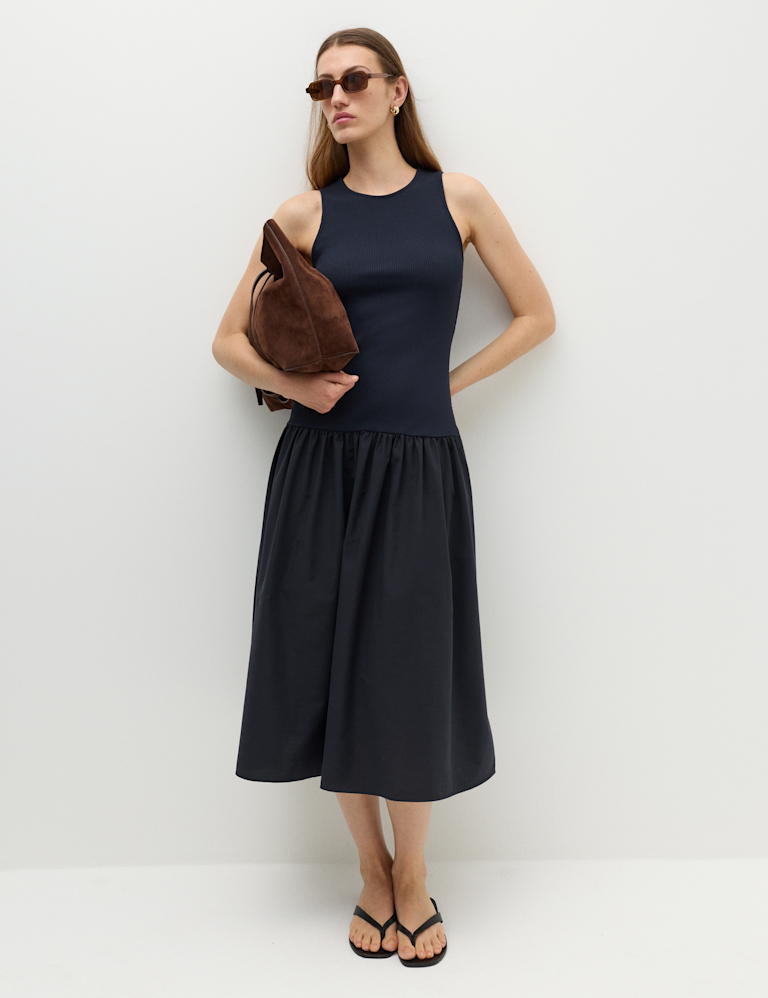 Jersey Ribbed Midi Drop Waist Dress