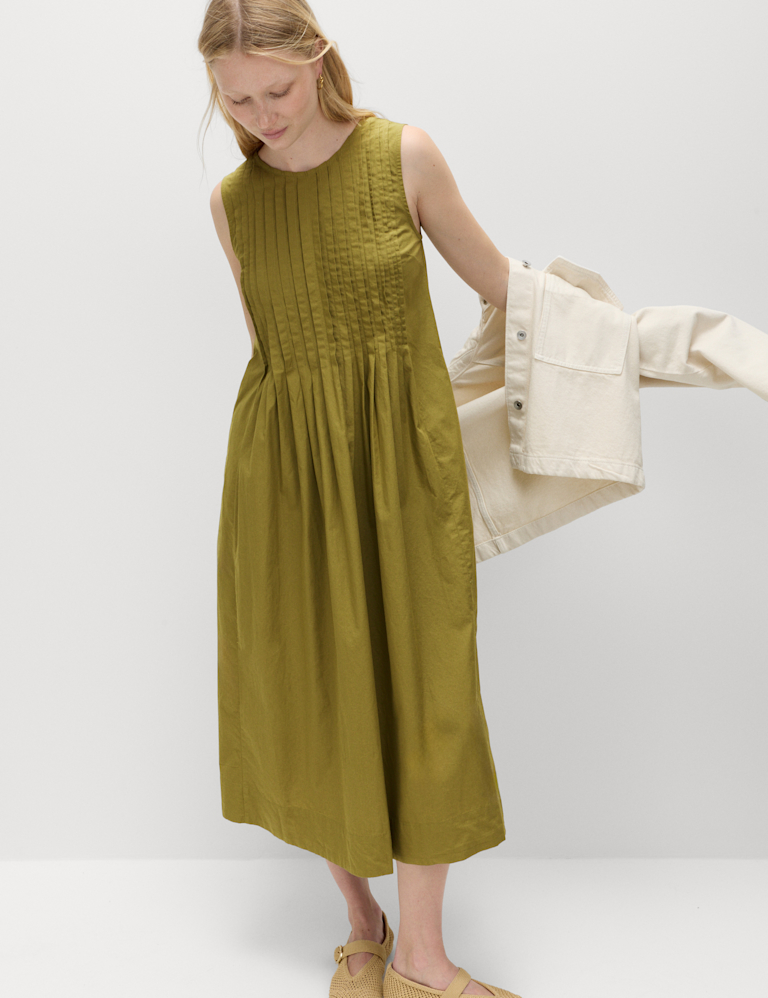 Pure Cotton Pintuck Midi Relaxed Dress