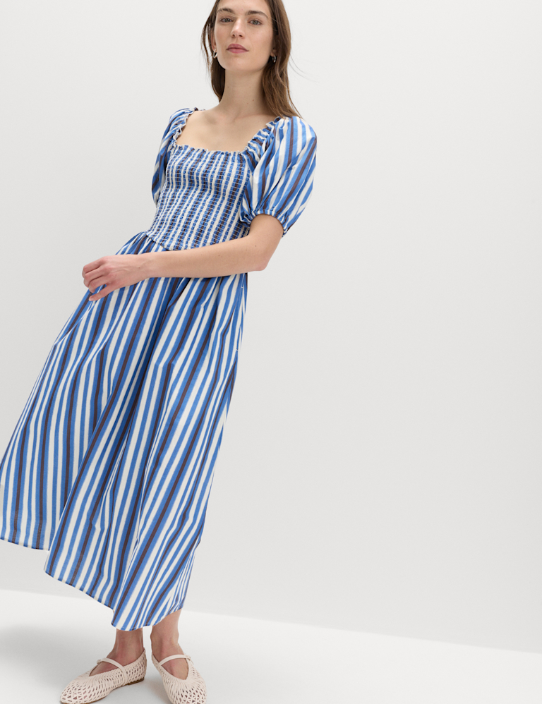 Pure Cotton Striped Shirred Midi Dress Pure Cotton Striped Shirred Midi Dress