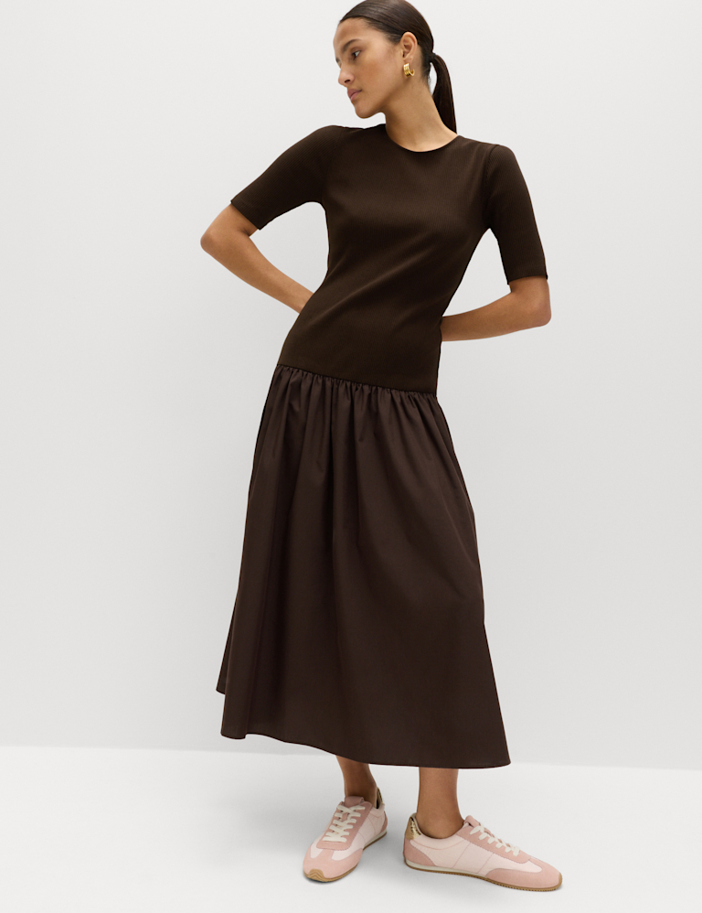 Jersey Ribbed Midi Drop Waist Dress