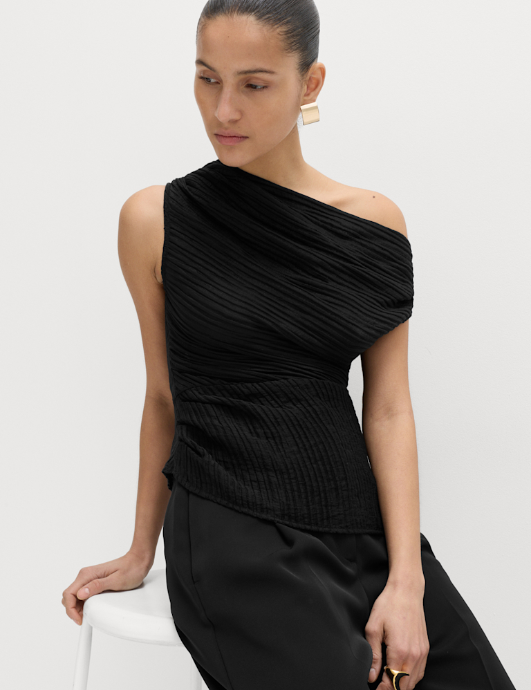 Plisse Asymmetric Neck Bardot Top