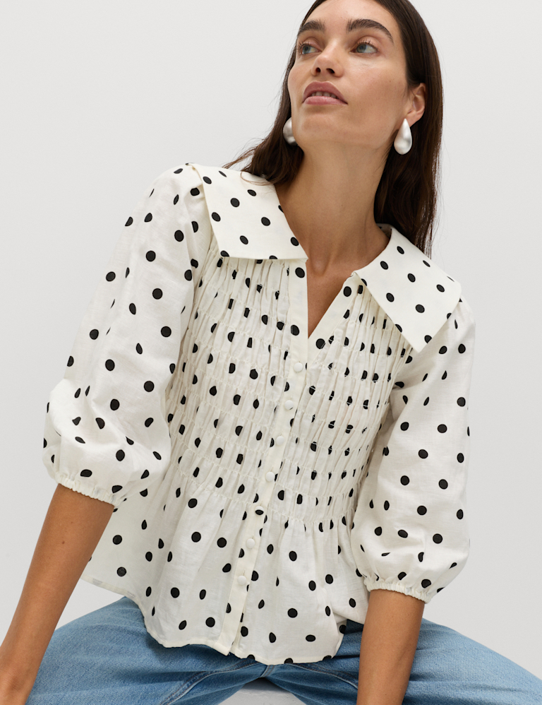 Linen Rich Patterned Shirred Blouse
