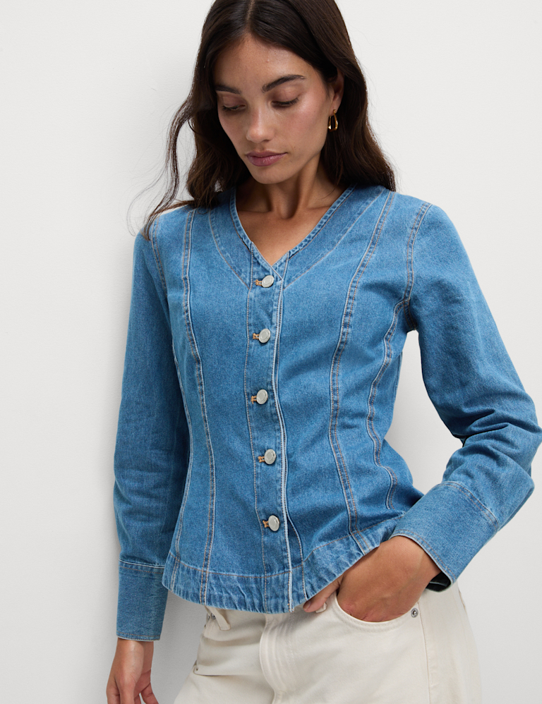 Pure Cotton Denim V-Neck Buttoned Slim Fit Shirt