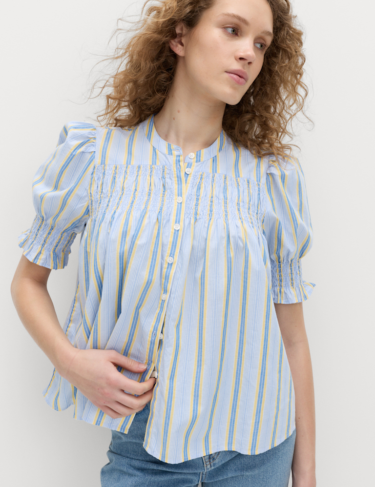 Pure Cotton Striped Shirred Blouse Pure Cotton Striped Shirred Blouse