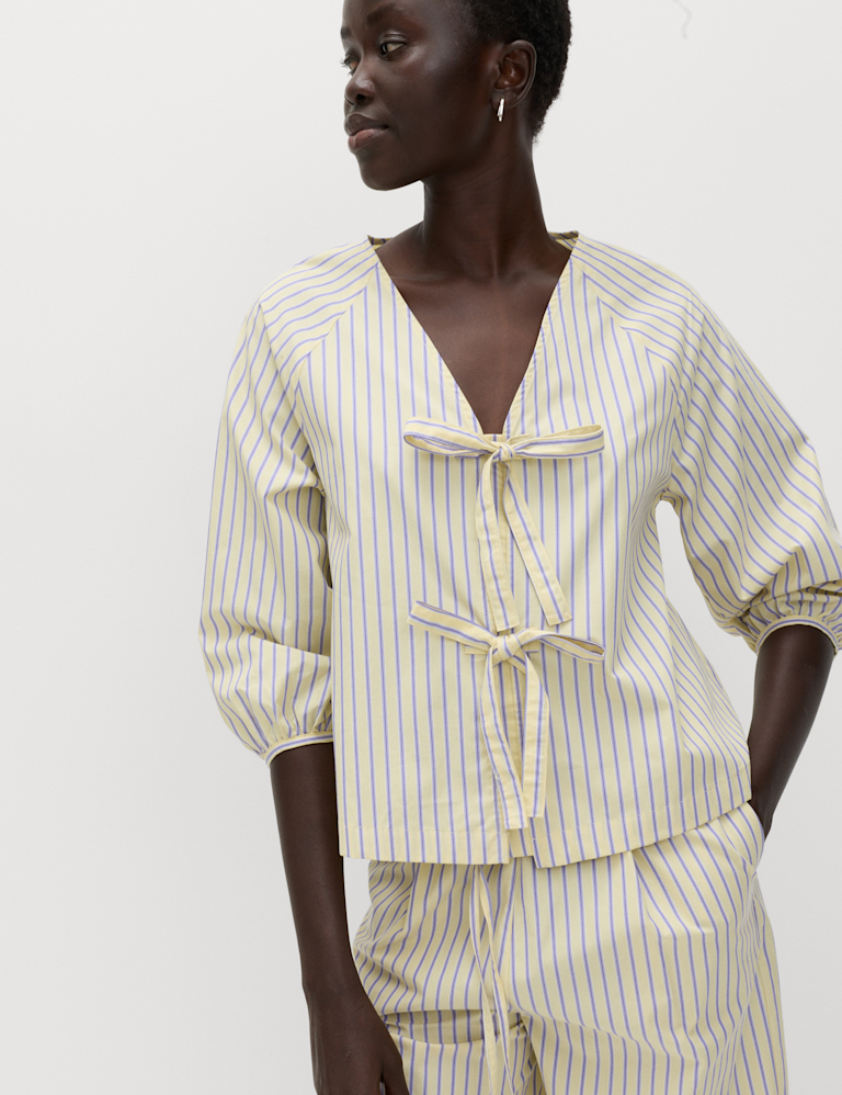 Pure Cotton Striped Tie Front Blouse