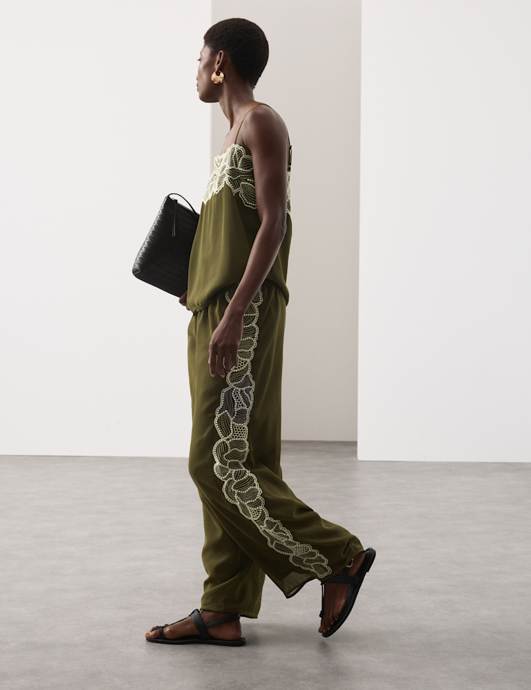 Floral Embroidered Wide Leg Trousers