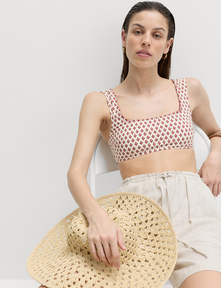 Printed Scoop Neck Whipstitch Bikini Top