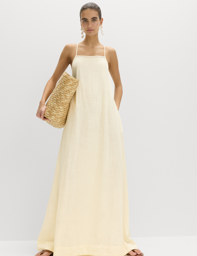 Square Neck Lace Insert Maxi Shift Dress with Linen