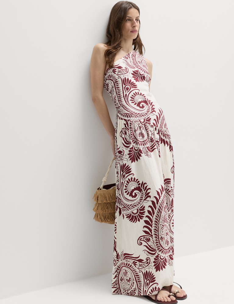 Linen Rich One Shoulder Maxi Shift Dress