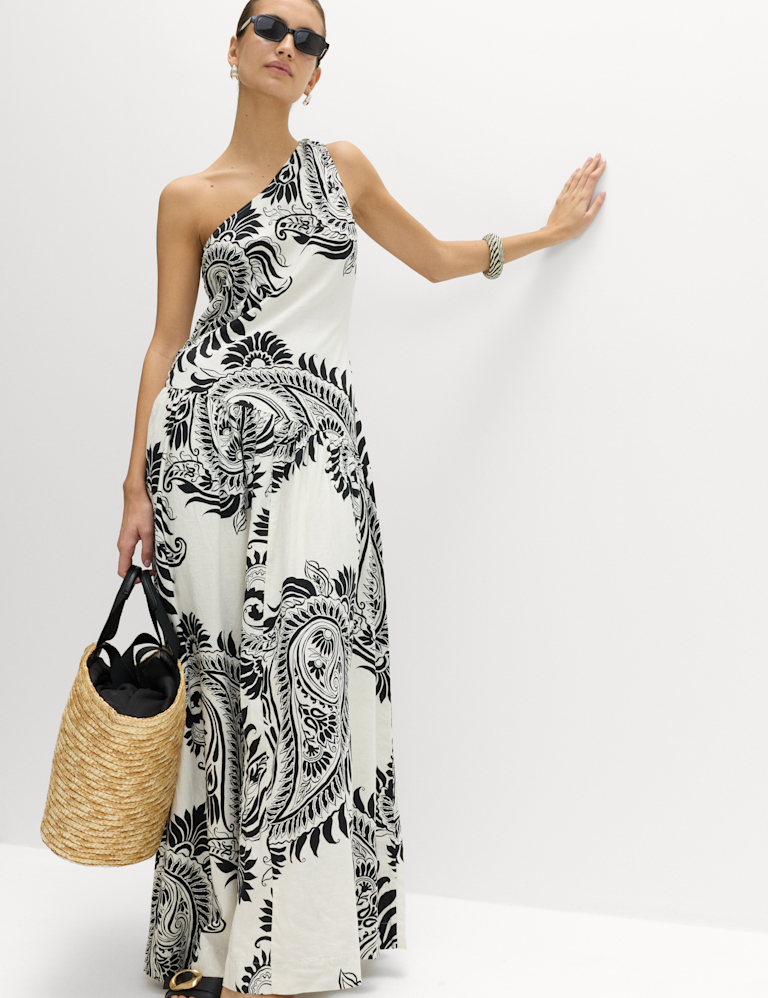 Linen Rich One Shoulder Maxi Shift Dress