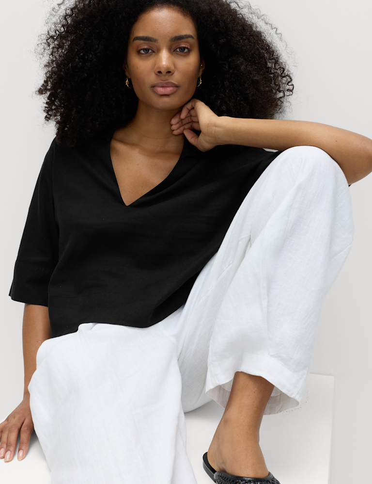 Linen Rich Collared Crop Top