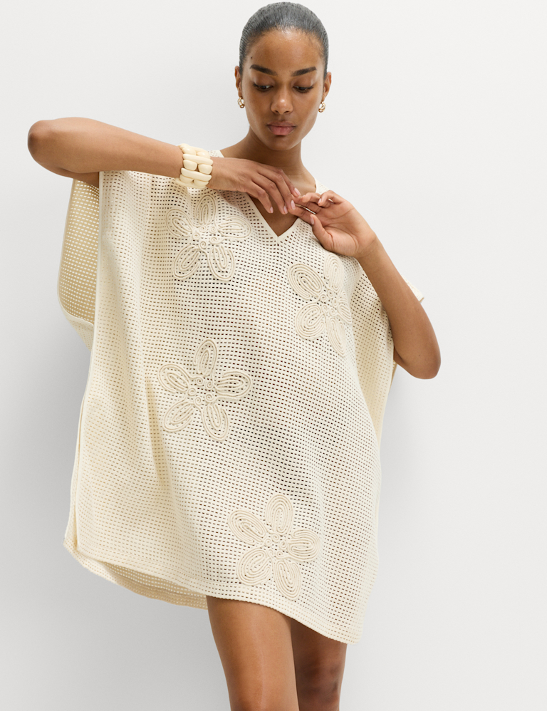 Pure Cotton Floral Detail Mini Kaftan Pure Cotton Floral Detail Mini Kaftan