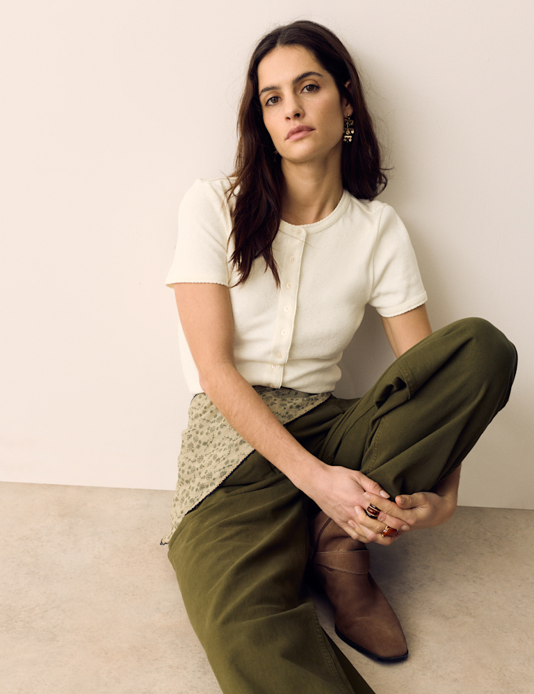 Cotton Rich Ribbed Button Front Top
