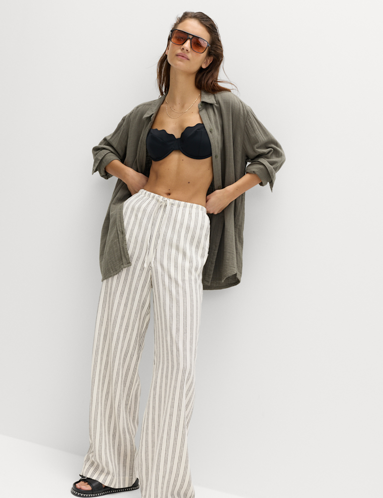 Linen Rich Drawstring Wide Leg Trousers Linen Rich Drawstring Wide Leg Trousers