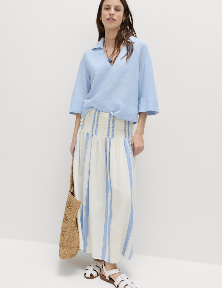 Linen Rich Shirred Tie Detail Maxi Skirt