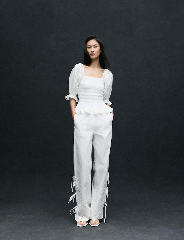 Pure Cotton Embroidered Wide Leg Trousers Pure Cotton Embroidered Wide Leg Trousers