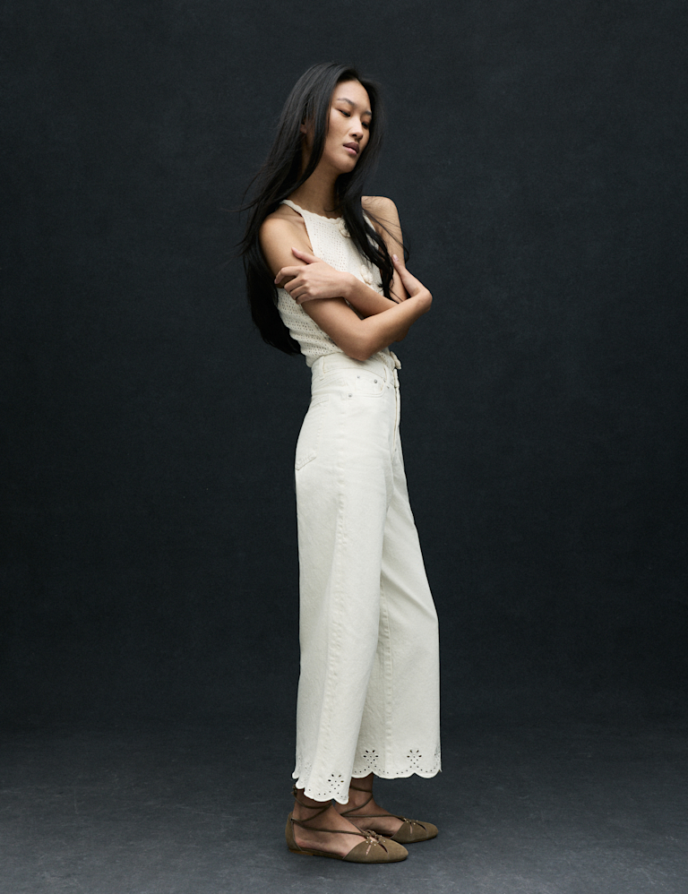 High Waisted Broderie Wide Leg Cropped Jeans